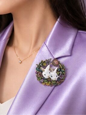 Floral Bunny Wreath Crystal Brooch